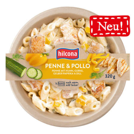 Hilcona Feinkostsalate Penne e Pollo frontal_720x720_mit Störer